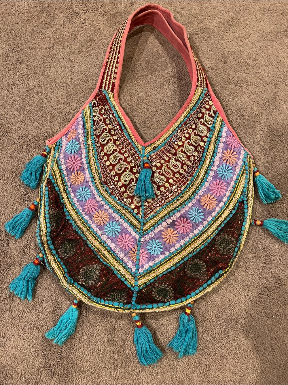 Bohemian Embroidered Teal Tassel Hobo Bag